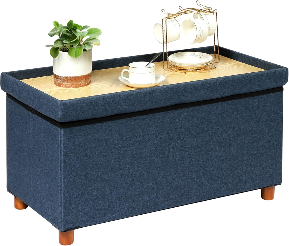 PINPLUS Storage Ottoman Cube, White Linen Footrest with Wooden Legs, Foldable...