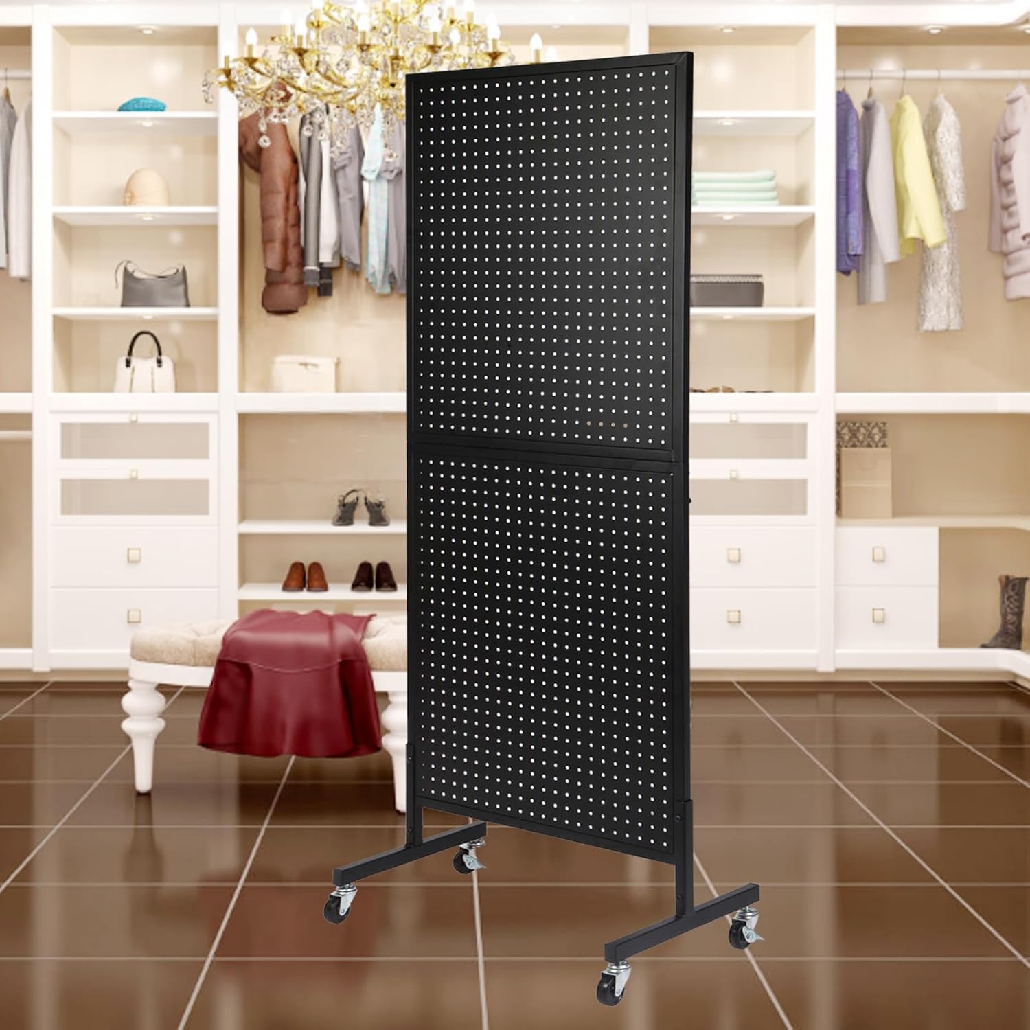 2'x 5' Standing Pegboard Display with T-Base, Pegboard Display Stand with Wheels, Metal Peg Board Display Rack, Art Display Stand, Extra 10 Pieces Hooks - Black