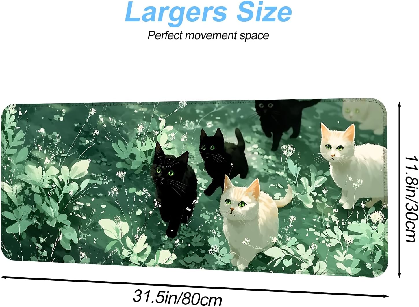 Cute Cat Mouse Pad Large Gaming Desk Mat - Kawaii Black and White Cats in Green Forest, Extended XL Mousepad with Non-Slip Rubber Base for Office, Home, PC, Laptop