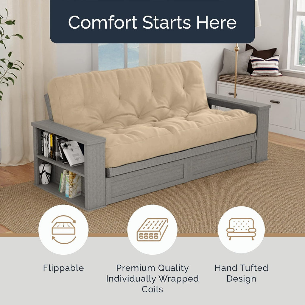 Loosh Home | 10" Queen Size Futon Sofa Bed Pocket Coil Foam Mattress - USA Made, Beige, No Frame