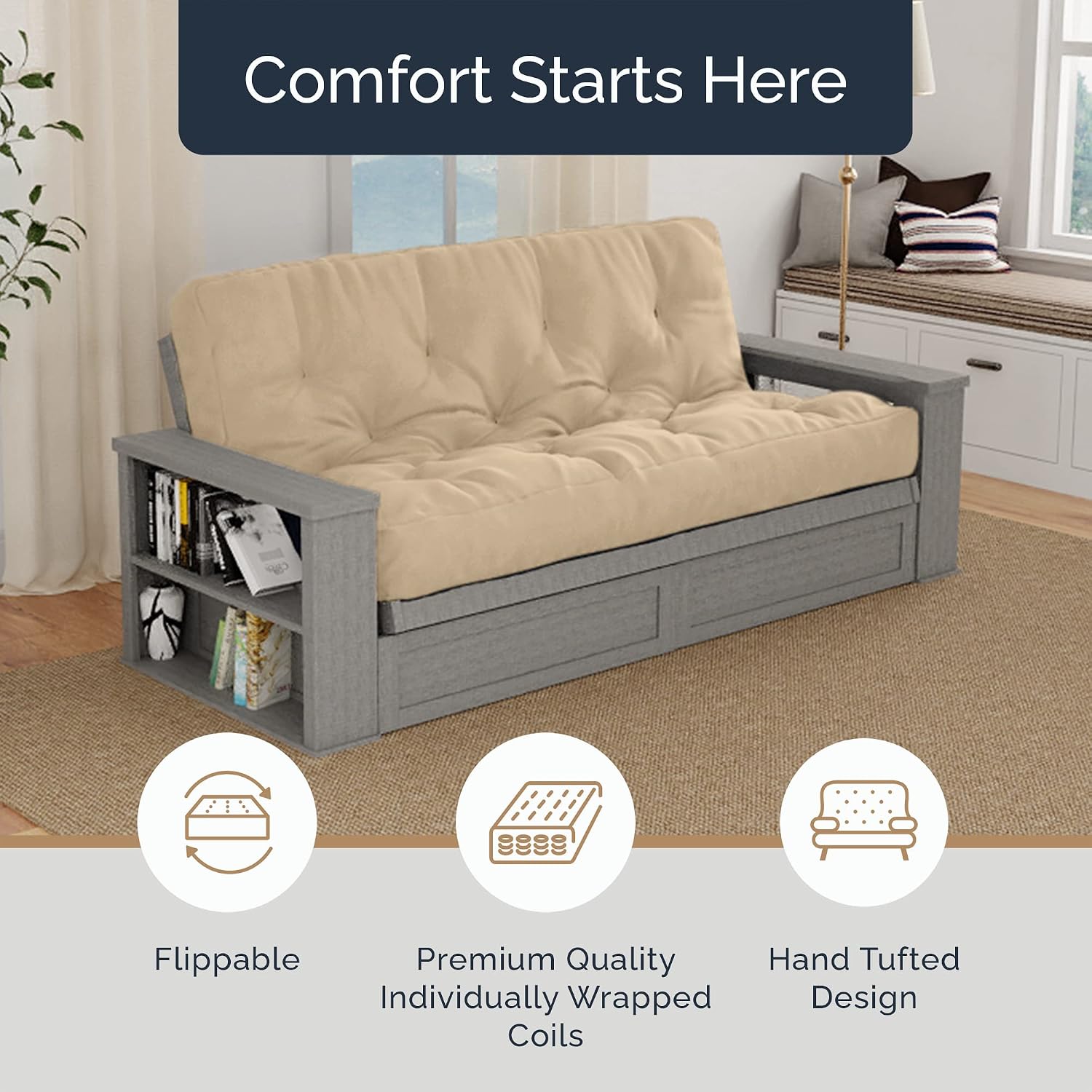 Loosh Home | 10" Queen Size Futon Sofa Bed Pocket Coil Foam Mattress - USA Made, Beige, No Frame