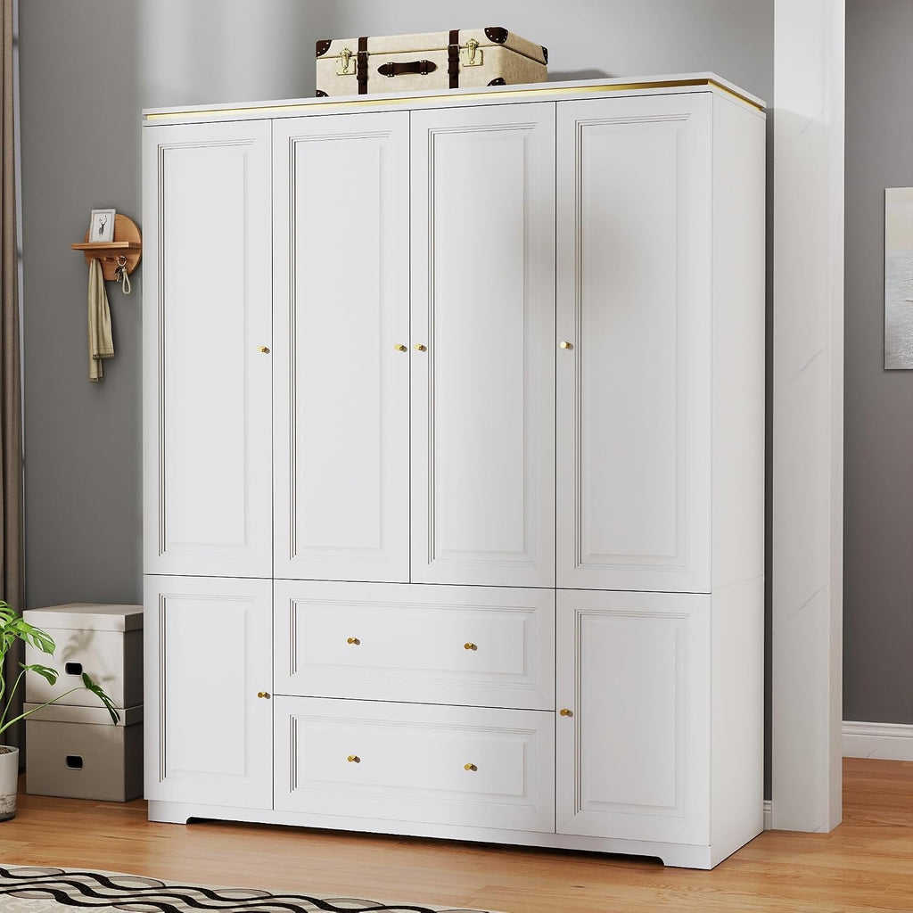 Armoire Wardrobe Closet with Drawers: 74" White Wardrobe with 2 Drawers, 4 Doors Bedroom Armoires with Hanging Rod, Tall Closet Cabinet for Hanging Clothes (59")