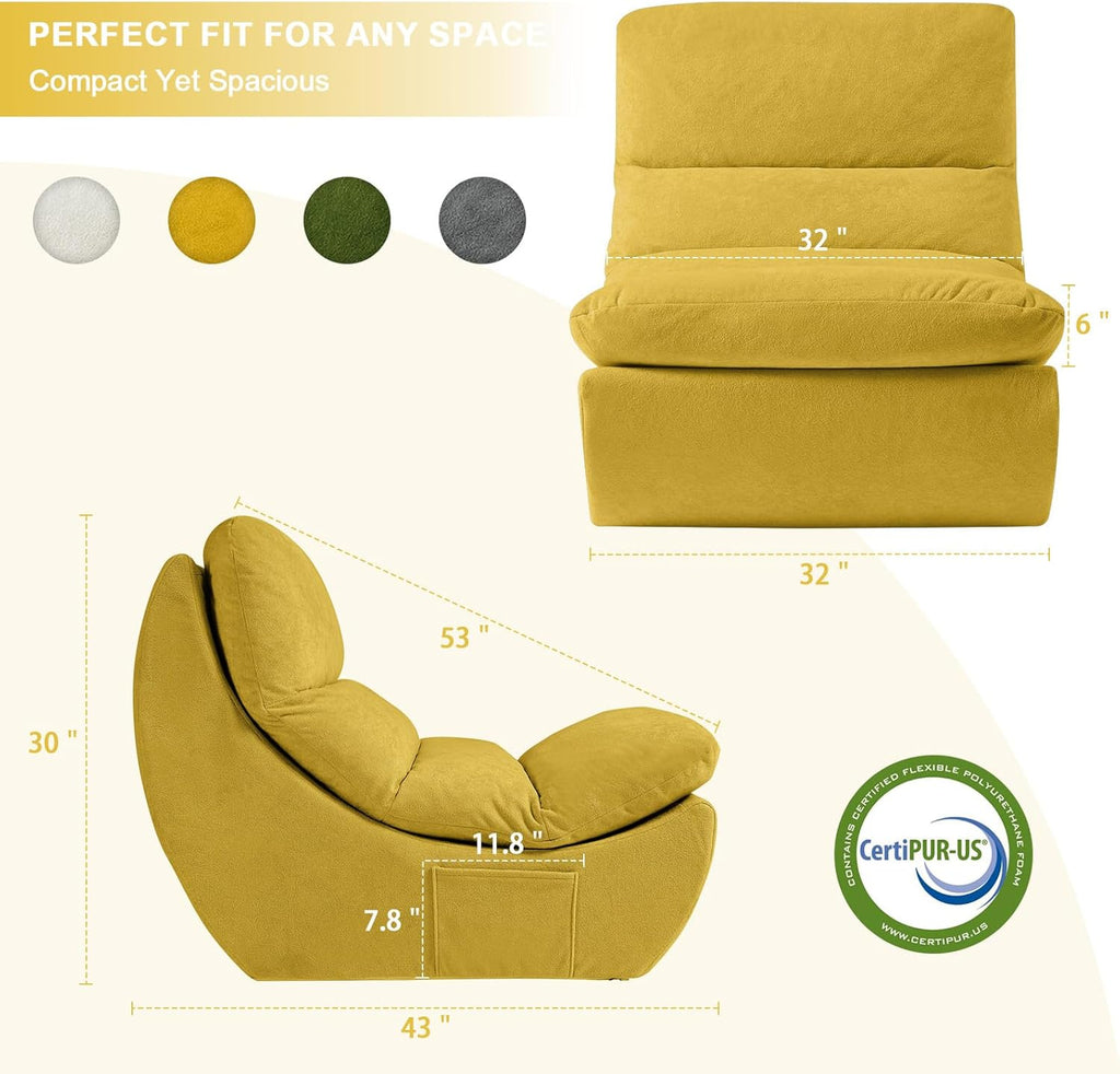 Comfy Reading Chair for Adults, Modular Sectional Sofa Bean Bag Chair, Cloud Boneless Couch Style with High Rebound Foam, Single Seat Compressible Sofa for Living Room & Bedroom, Yellow