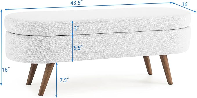 Ottoman Oval Storage Bench with Rubber Wood Legs,Linen Fabric Storage Footstool,for Bedroom, Entryway, Living Room, White(43.5"x16"x16")