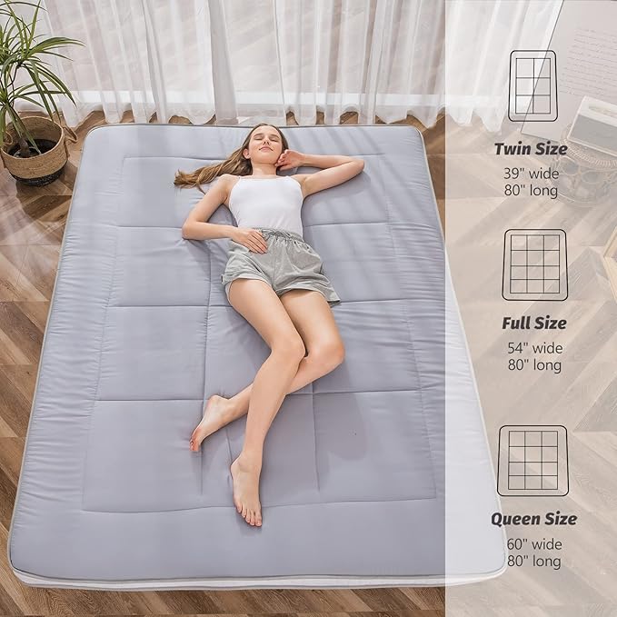 MAXYOYO Futon Mattress, Padded Japanese Floor Mattress Quilted Bed Mattress Topper, Extra Thick Folding Sleeping Pad Breathable Floor Lounger Guest Bed for Camping Couch, Grey, Full