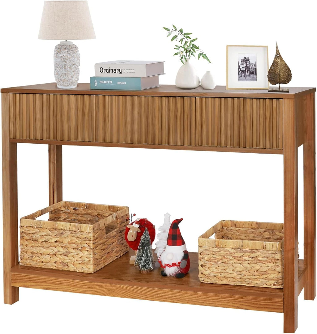 Fluted Console Table with Storage, 48" Long Entryway Slim Sofa Table Behind Couch Entry Tables, Narrow Wood Hallway Modern Living Room Couch Foyer Entrance Tables Brown