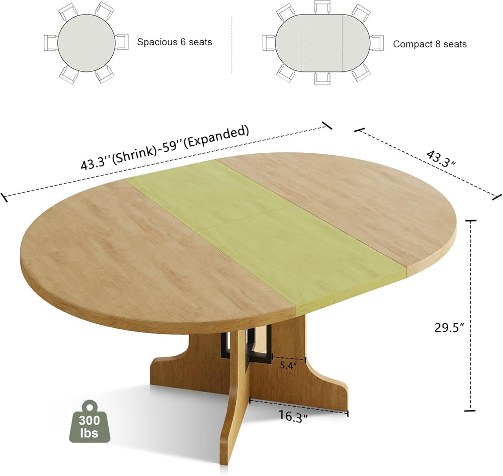 Feonase 59" Round Extendable Dining Room Table for 6, Modern Oval Kitche...