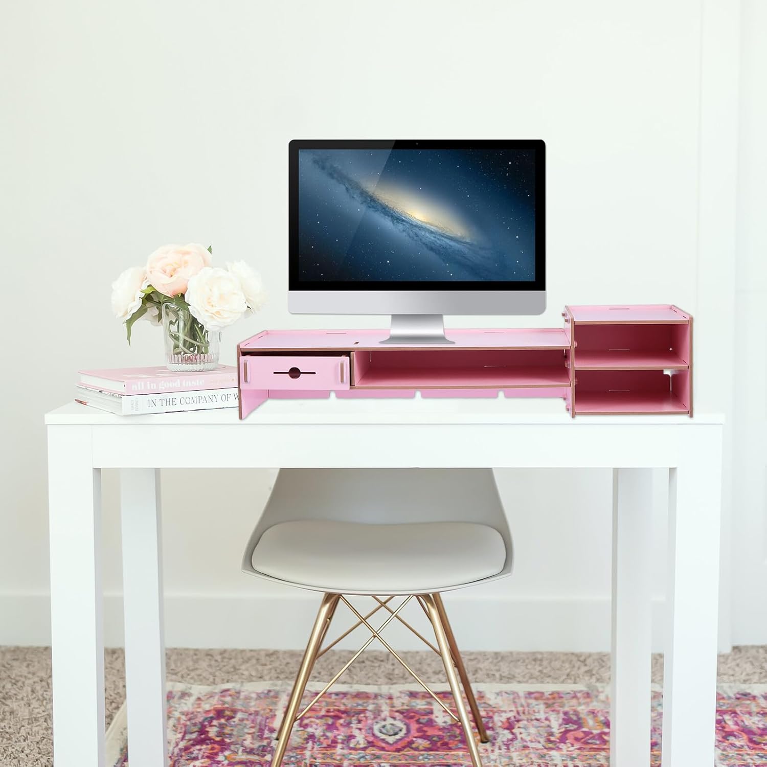 Pink Computer Monitor Stand Riser with Drawer Desktop Organizer Storage Box Office Desk Storage for Home School Space-saving Monitor Riser Stand