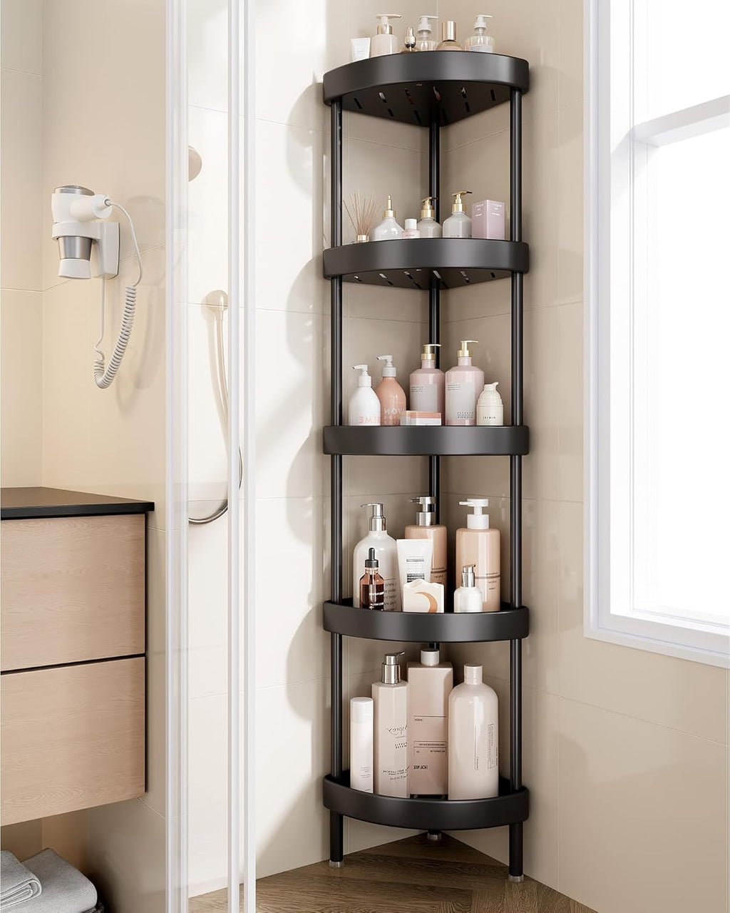 Nieifi Corner Shower Caddy Stand-5 Tier Rustproof Anodized Aluminum Standing Shower Organizer-Shower Caddy Corner-Dual Stability to Anti-Shaking-Height-Adjustable Legs for Uneven Surfaces-Black