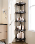 Nieifi Corner Shower Caddy Stand-5 Tier Rustproof Anodized Aluminum Standing Shower Organizer-Shower Caddy Corner-Dual Stability to Anti-Shaking-Height-Adjustable Legs for Uneven Surfaces-Black