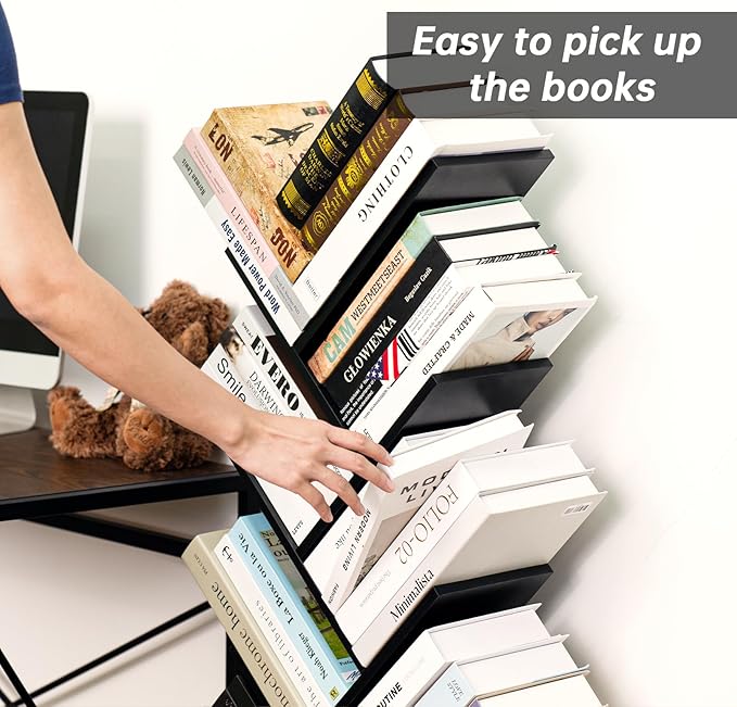 8 Tier Tree Bookshelf with Drawer, Free Standing Wood Bookcase for Living Roo...
