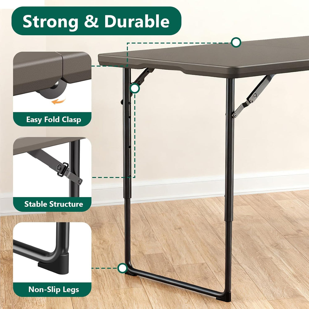 Folding Table 4ft - Heavy Duty Fold-in-Half Plastic Table with Adjustable Hei...