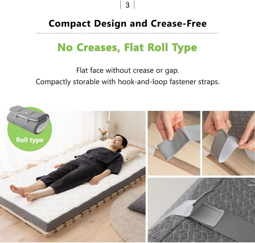 EMOOR Japanese Futon Mattress Roll-Type Relax-2 Twin, High-Resilience Removable & Washable Cover Guest use Tatami Floor Sleeping Space-Saving Minimalist