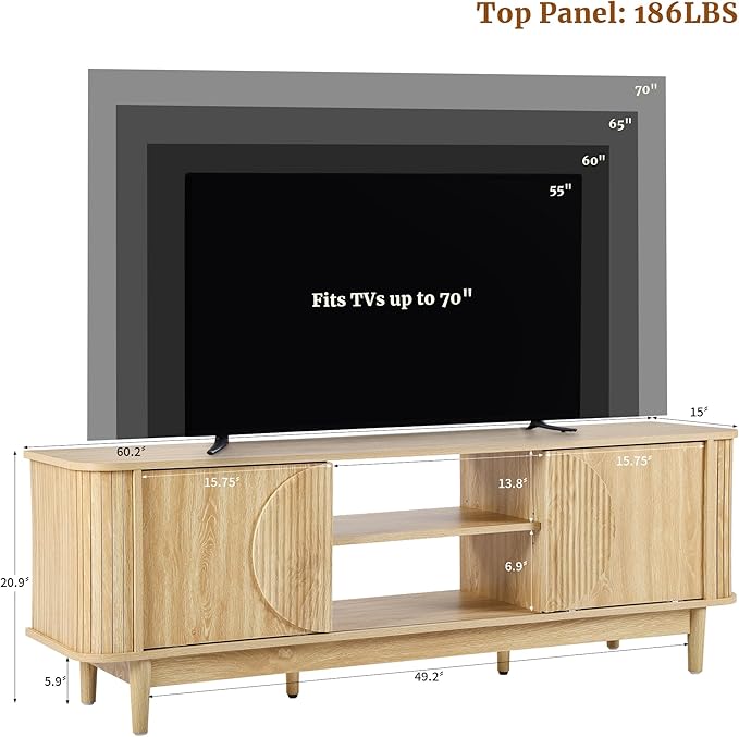 Turtle&Myrtle Mid Century Modern TV Stand 60”, Wood TV Console with Storage for TVs Up to 70 inches, Fluted Sliding Doors, Entertainment Center Media Cabinet for Living Room & Bedroom (Natural Oak)