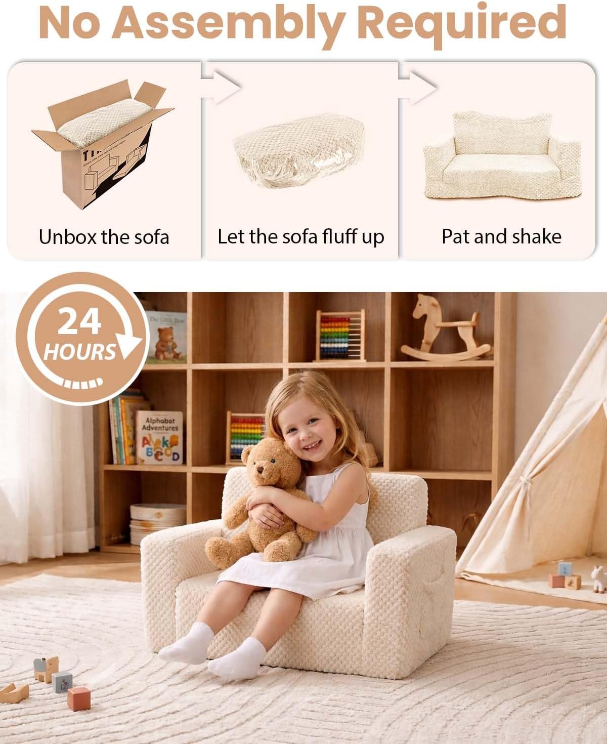 Sherpa Kids Couch, 2-in-1 Fold-Out Comfy Chair for 3+ Years Old, Beige | Potrable Handle & Pocket for Reading, Napping and Playroom