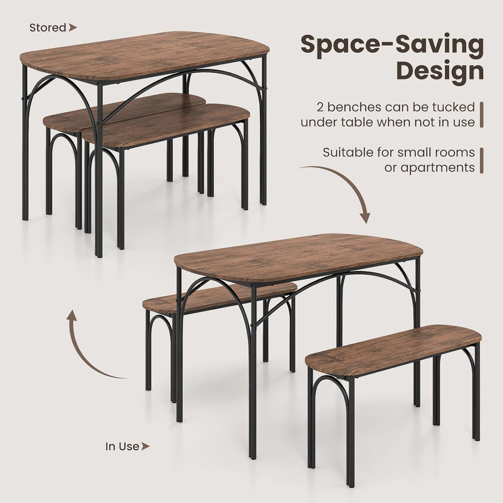 GOFLAME 3-Piece Dining Table Set for 4, Wooden Kitchen Table and 2 Benches Se...