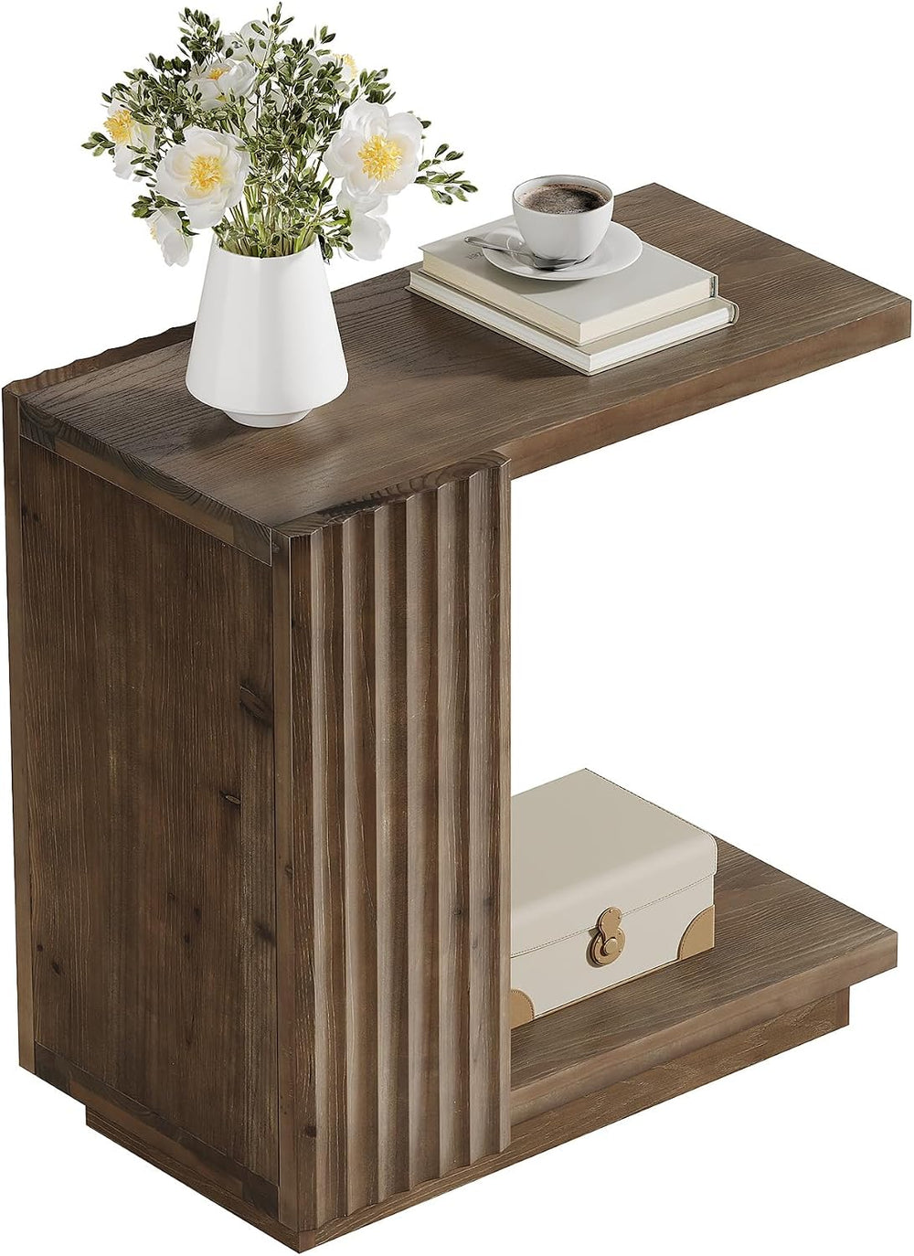 Solid Wood Side Table, C Shaped Narrow Sofa End Table with Fluted Panels and ...