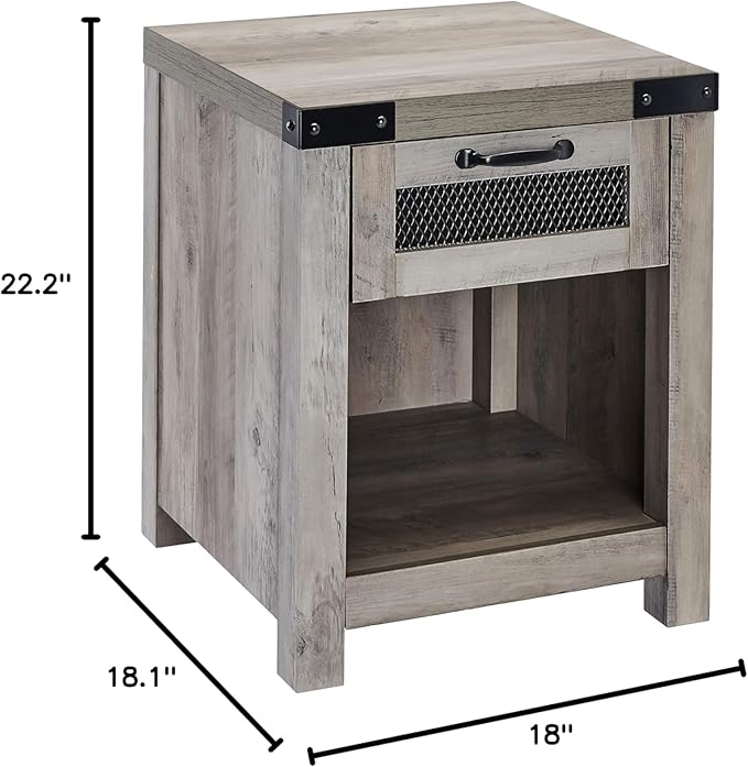 ROCKPOINT End Table with Industrial Style Drawer, Grey Wash