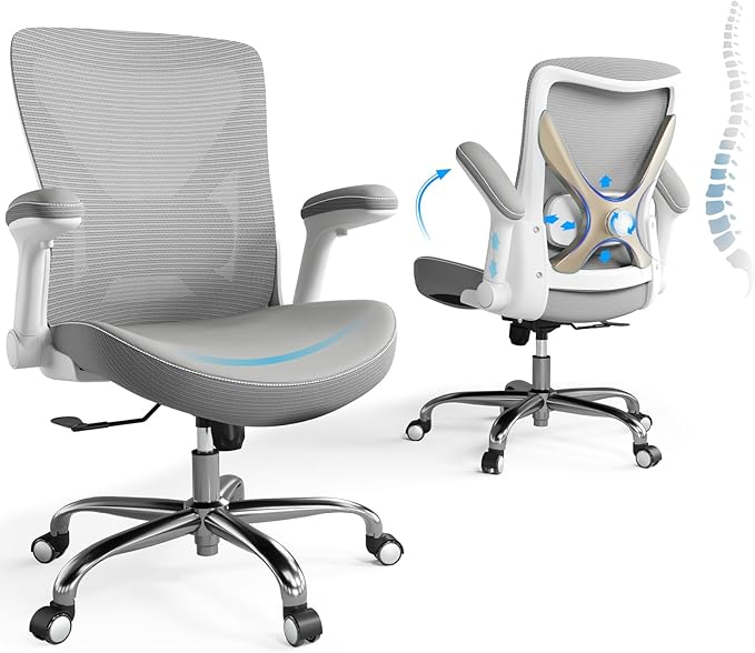 Ergonomic Office Chair-Computer PU Leather X-Shaped Desk Chair-Gaming Chair with Adjustable Flip-up Armrests Lumbar Support Mesh Executive Chair for Long Hours Office (Grey)