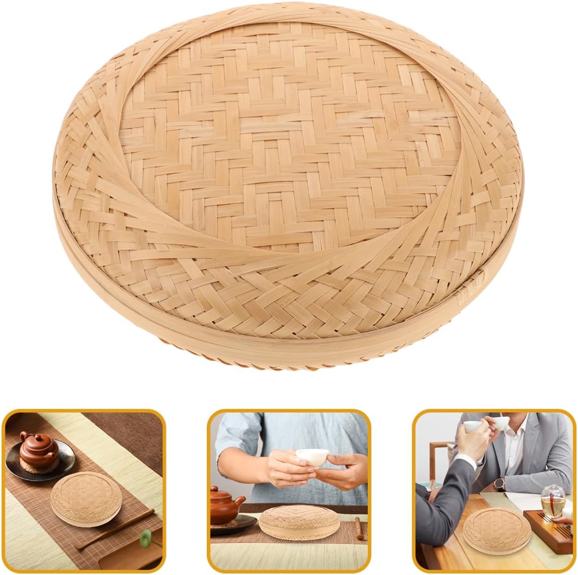 BESTOYARD Bamboo Tea Cake Box, 8.46x8.46x2.16in Woven Storage Organizer for Puerh Tea, Traditional Chest for Home & Kitchen