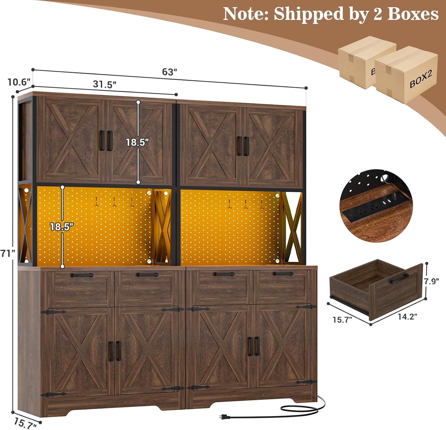 Unikito 71" Tall Kitchen Pantry Cabinet with Microwave Countertop, 63" Wide Pantry Storage Cabinet with Charging Station & LED Lights,Large Kitchen Hutch Cabinet with Drawers, Weathered Brown