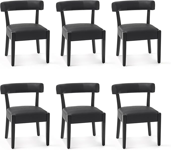 Modern Black Dining Chairs Set of 6, Faux Leather Upholstered Kitchen & Dining Room Chairs, Mid Century Modern Wooden Dining Chairs Oversized Sturdy Rounded Chairs Curved Back