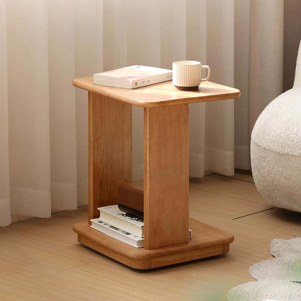 YESWOOD C Shaped End Table, Solid Wood Side Table, Small Rolling Side Table w...