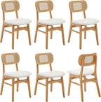 Rattan Dining Chairs Set of 6 Beige Linen Fabric Dining Room Chairs Natural Wooden Kitchen Chairs Farmhouse Boho