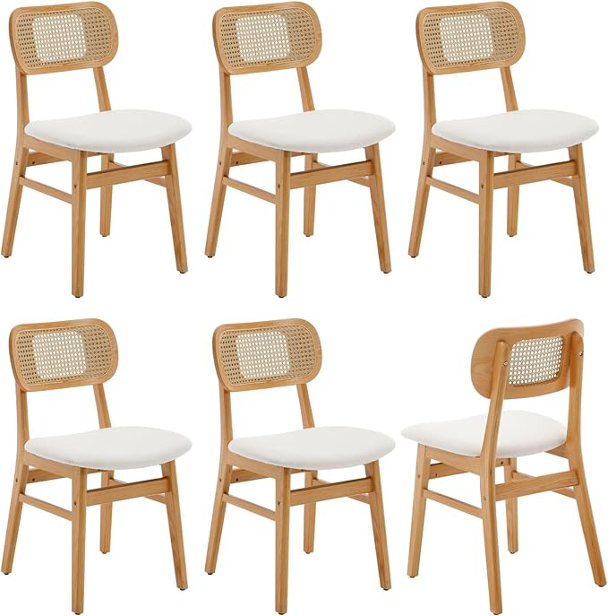 Rattan Dining Chairs Set of 6 Beige Linen Fabric Dining Room Chairs Natural Wooden Kitchen Chairs Farmhouse Boho