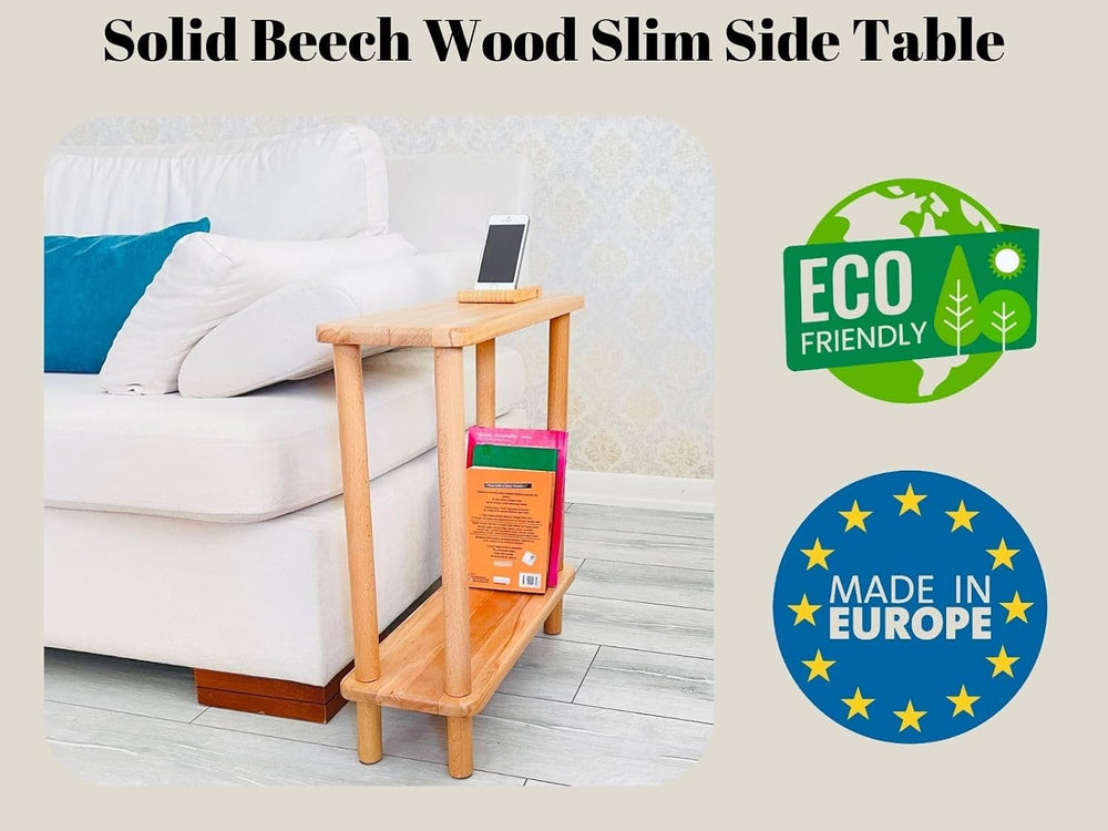 Handmade Slim Side Table Solid Beech Wood for Couch Living Room, Authentic Na...