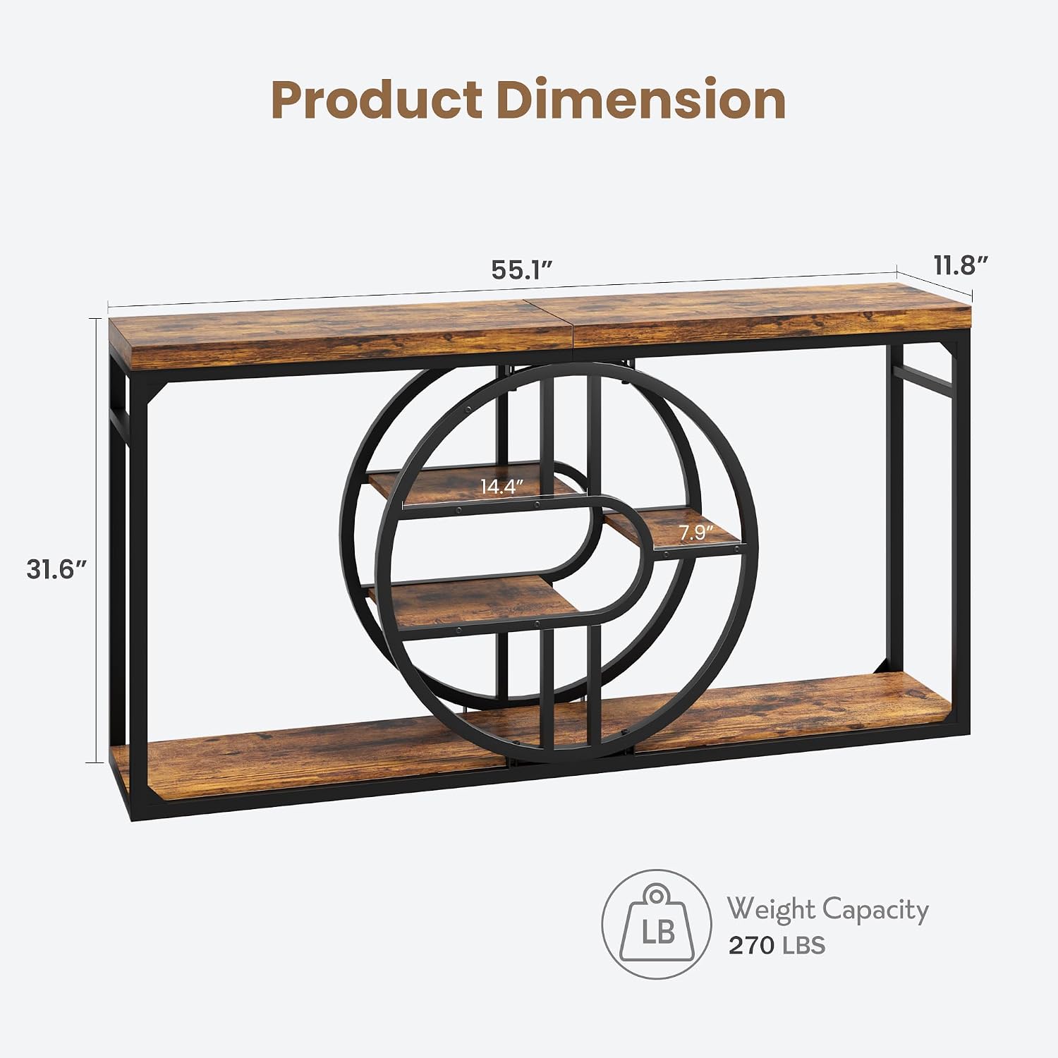 GAOMON 55 Inch Industrial Narrow Console Table, 5-Tier Entryway Table with O-Shaped Metal Frame, Extended Storage Sofa Table for Hallway, Entrance, Living Room