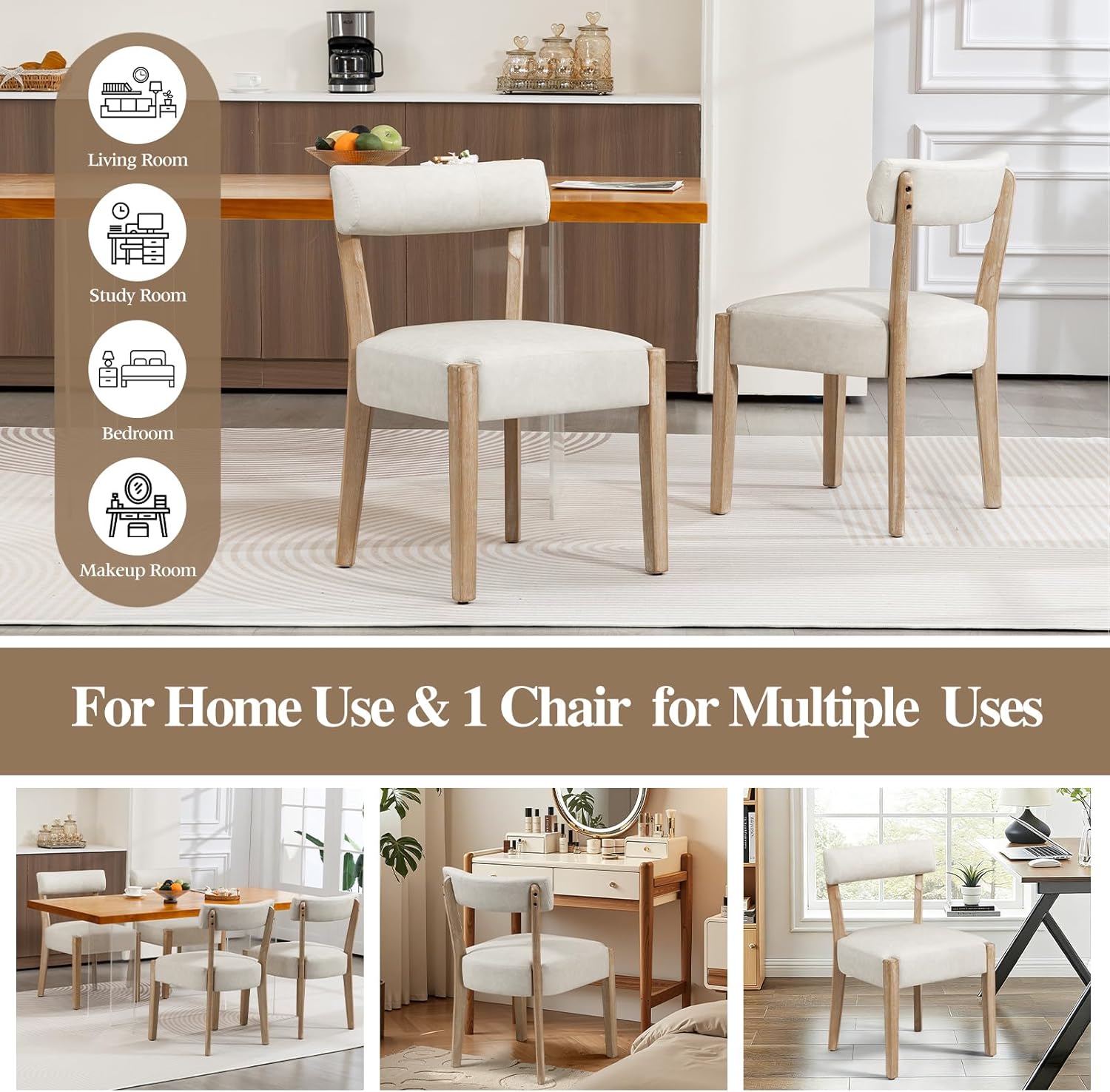 ZJhome Modern Dining Chairs Set of 2 – Mid-Century Modern Faux Leather Upholstered Kitchen & Dining Room Chairs with Curved Back, Oversized Rounded Seat, Sturdy Wood Frame, Beige