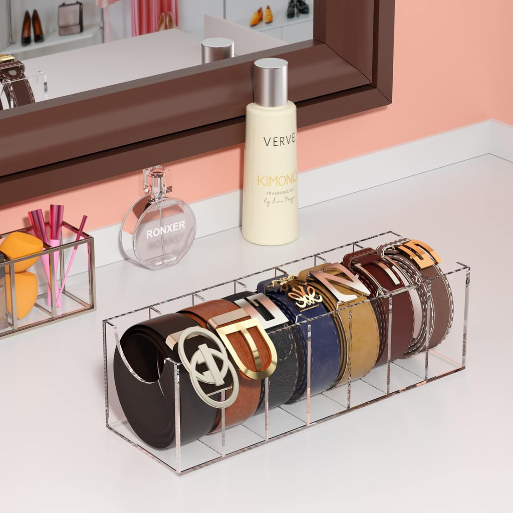 FEMELI Belt Organizer, Acrylic 7 Compartments Container Storage Holder, Clear Display Case for Closet Tie and Bow Tie