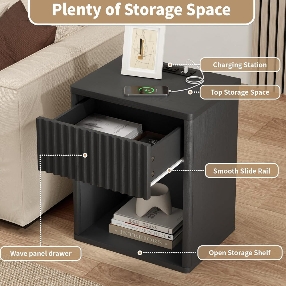 Fluted Black Nightstands Set of 2 w/Charging Station, Wooden End Table Bed Si...