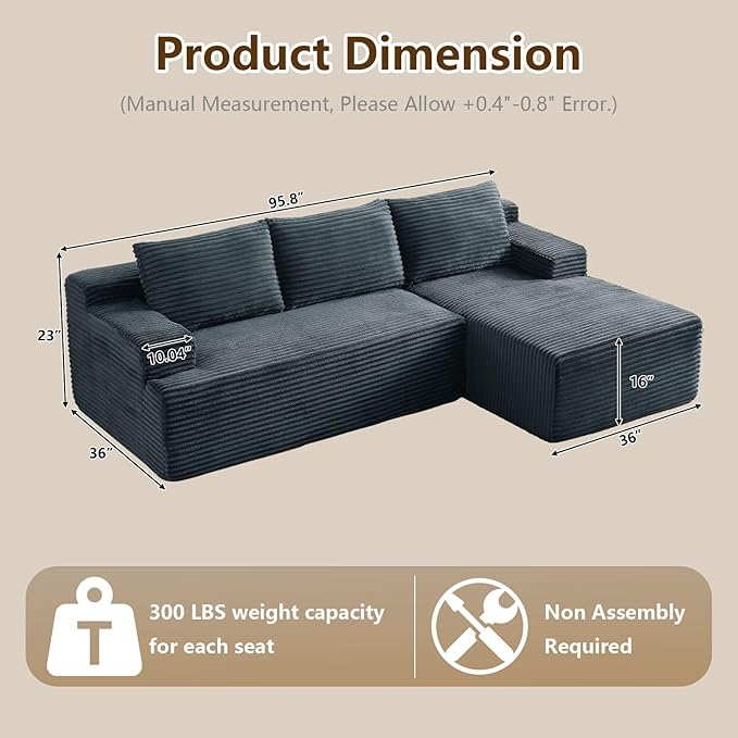 96.1" Modular Sectional Sofa Couches L-Shape Couch 3 Seat Modular Sofa Corduroy Memory Foam Sectional Boneless Couches for Living Room, Cloud Couch with Oversized Chaise(Dark Gray, Right Facing)