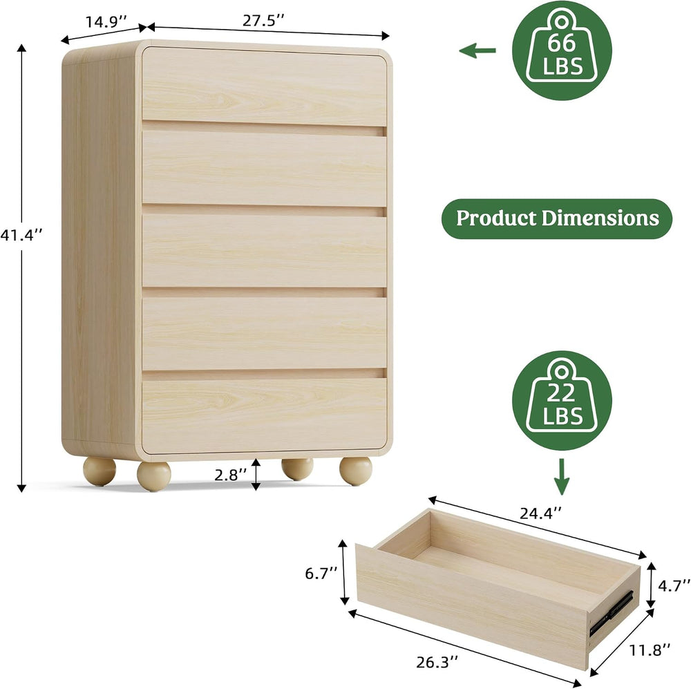 Lulive 5 Drawer Dresser for Bedroom, 41" Tall Chest of Drawers, Natural