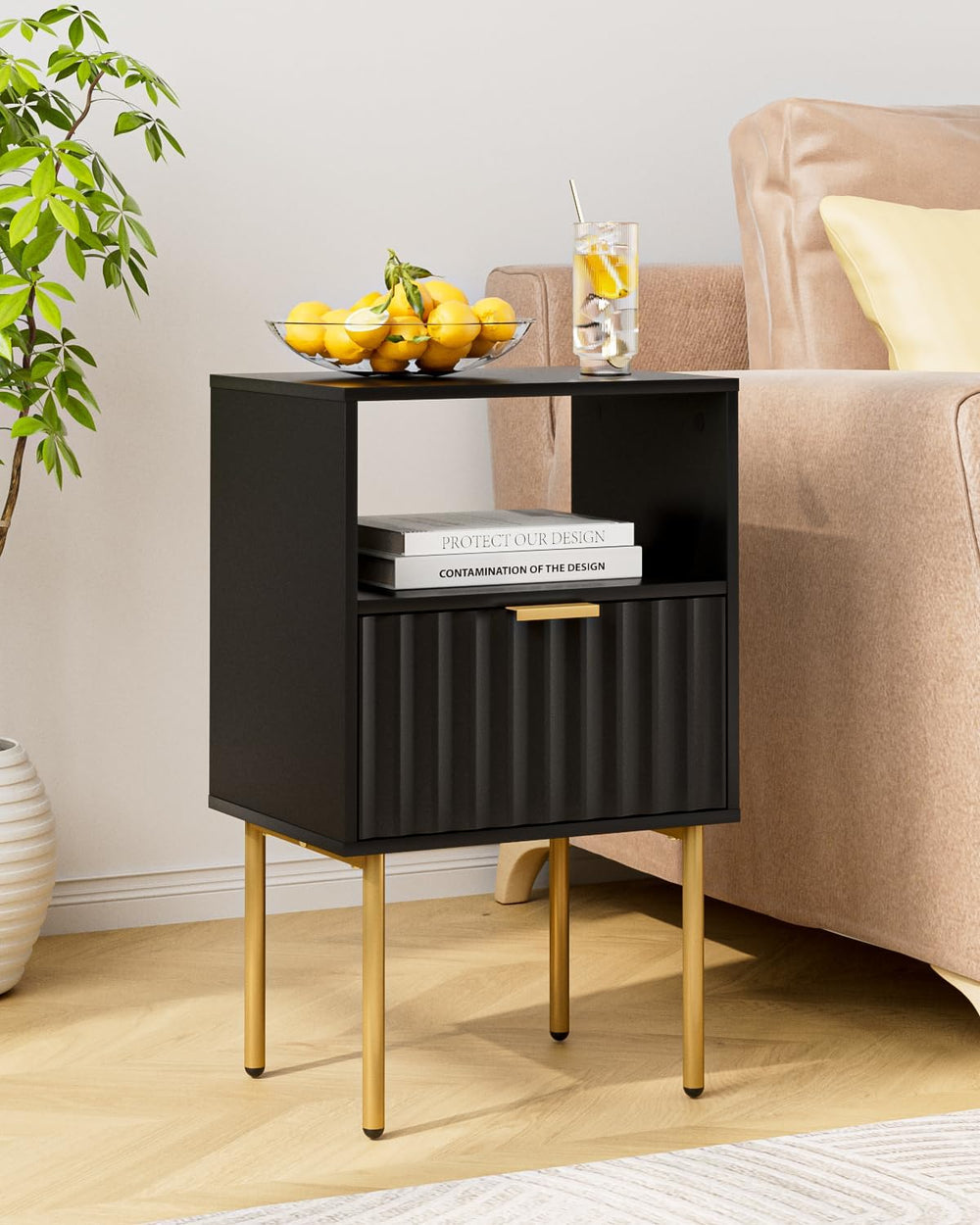 Nightstand,Modern Bedside Table with Gold Frame,White Night Stand,Bedside Fur...