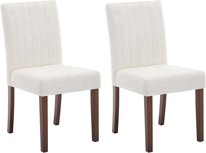 Upholstered Dining Chairs Set of 2, Modern Fabric Kitchen Side Chairs with Sturdy Wood Legs, Parsons Design, Comfortable Soft Linen for Dining Room, Restaurant, Cafe, Beige-Vertical Stripes
