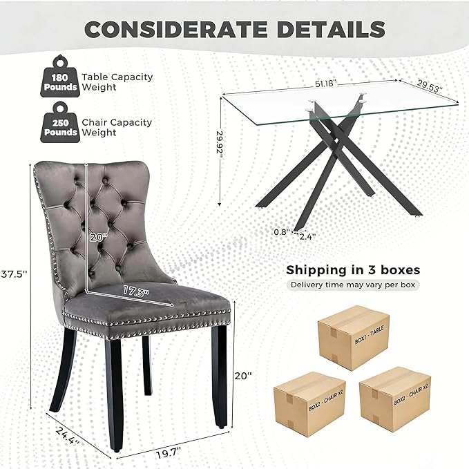 51 Inch Glass Dining Table Set for 4, Rectangular Glass Kitchen Table with 4 Upholstered Velvet Accent Chairs, 5 Piece Modern Dining Room Set, for Home, Apartment, Small Spaces - Grey Black