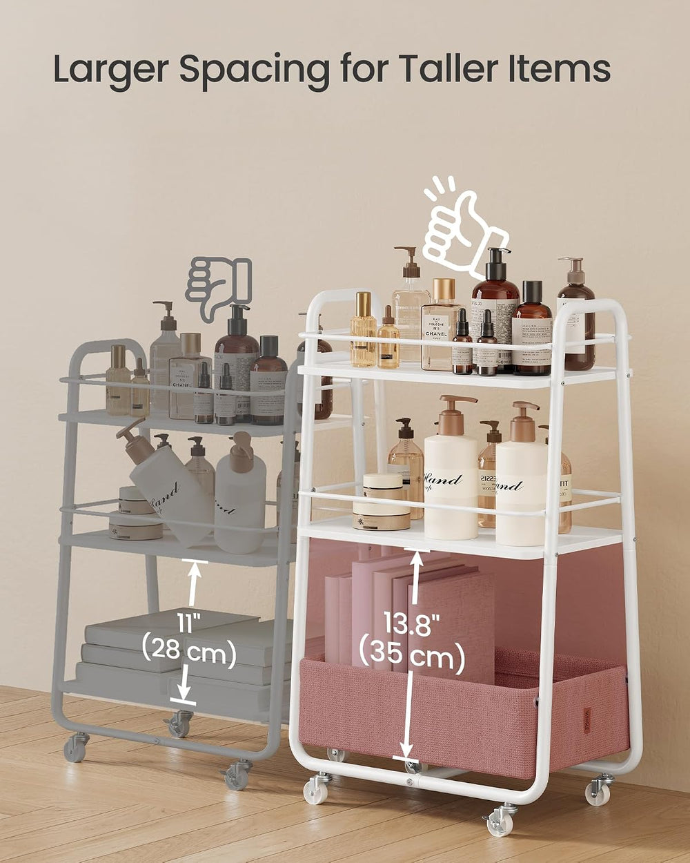 VASAGLE Storage Cart with Fabric Basket, 3-Tier Rolling Utility Cart | Cart w...