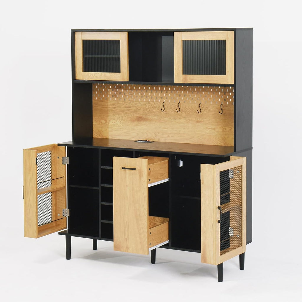 59" Freestanding Kitchen Sideboard, Buffet Sideboard with Wine Rack, Storage Doors and Electrical Outlets for Kitchen, Dining and Living Room, Black