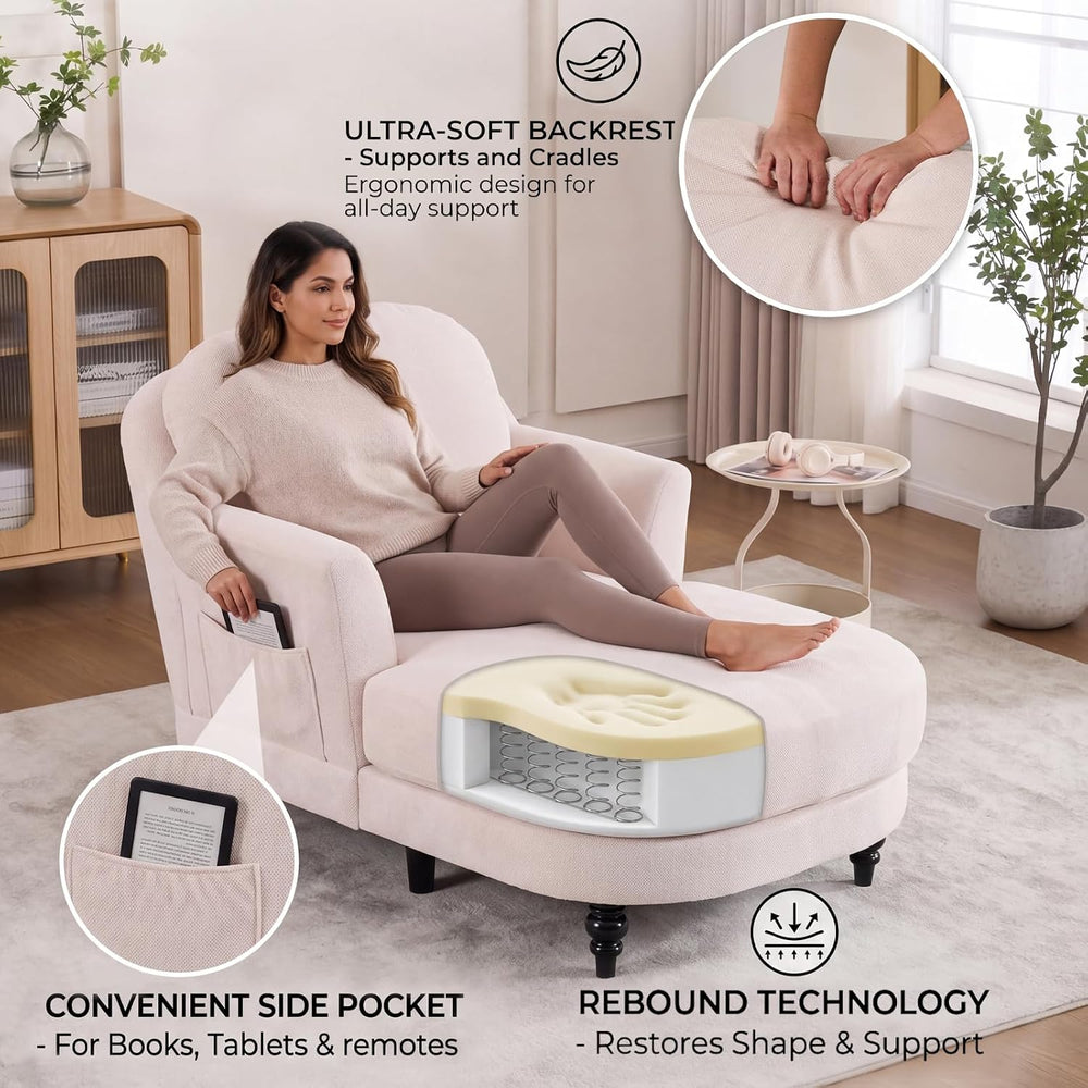 59.8" Chaise Lounge Chair Indoor, Chenille Reading Chairs | Side Pocket,...