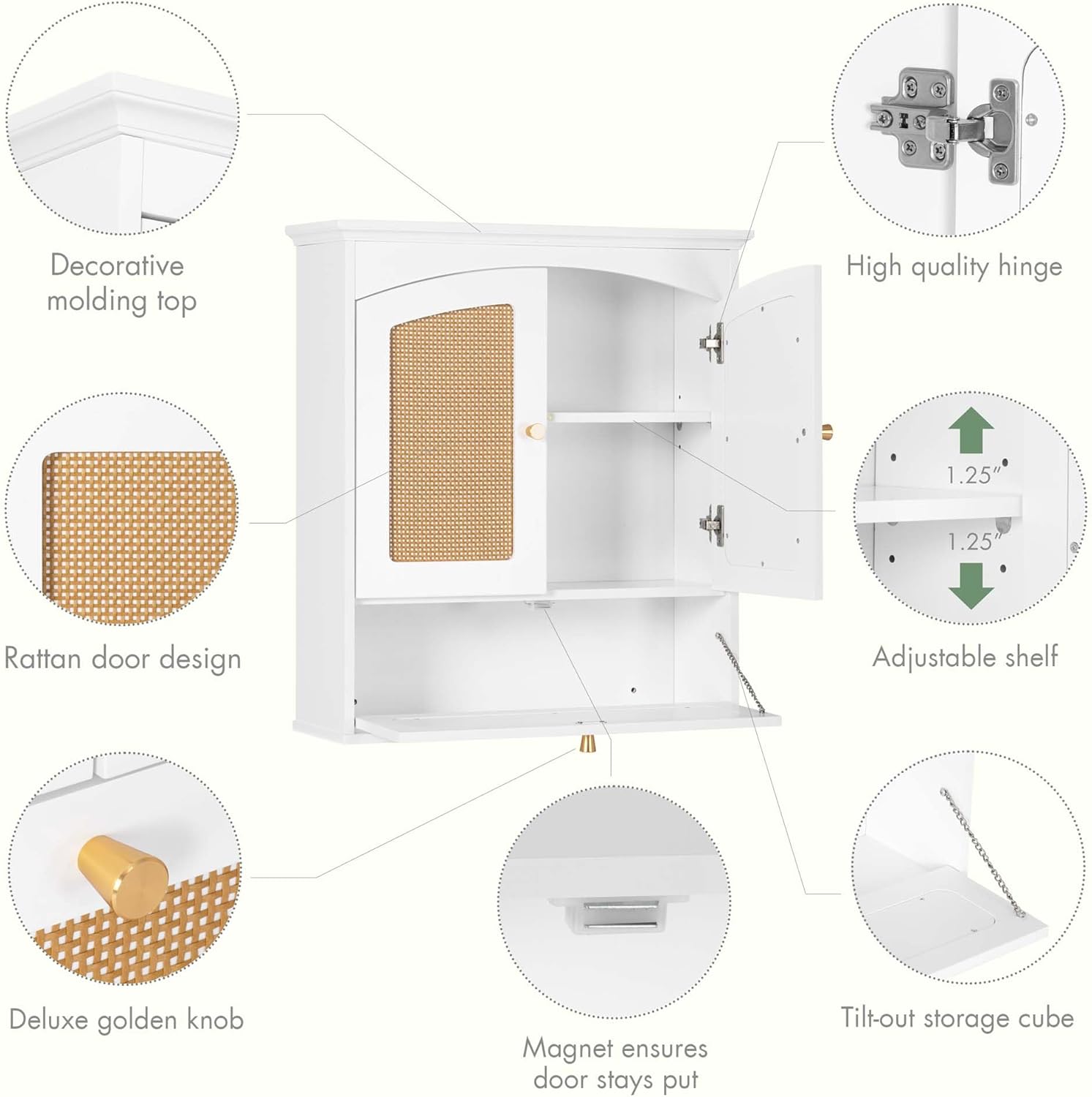Spirich Bathroom Cabinet Wall Mount, Medicine Cabinet for Bathroom, Over The Toilet Storage Cabinet with Rattan Doors and Tilt-Out Cube