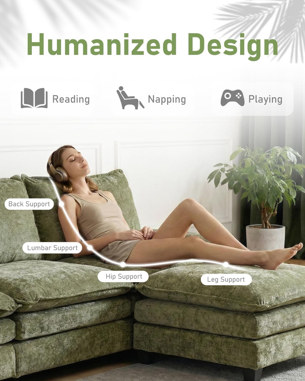 Karl home 122" 3-Seat L-Shaped Sectional Couch, Green | Movable Ottoman,...