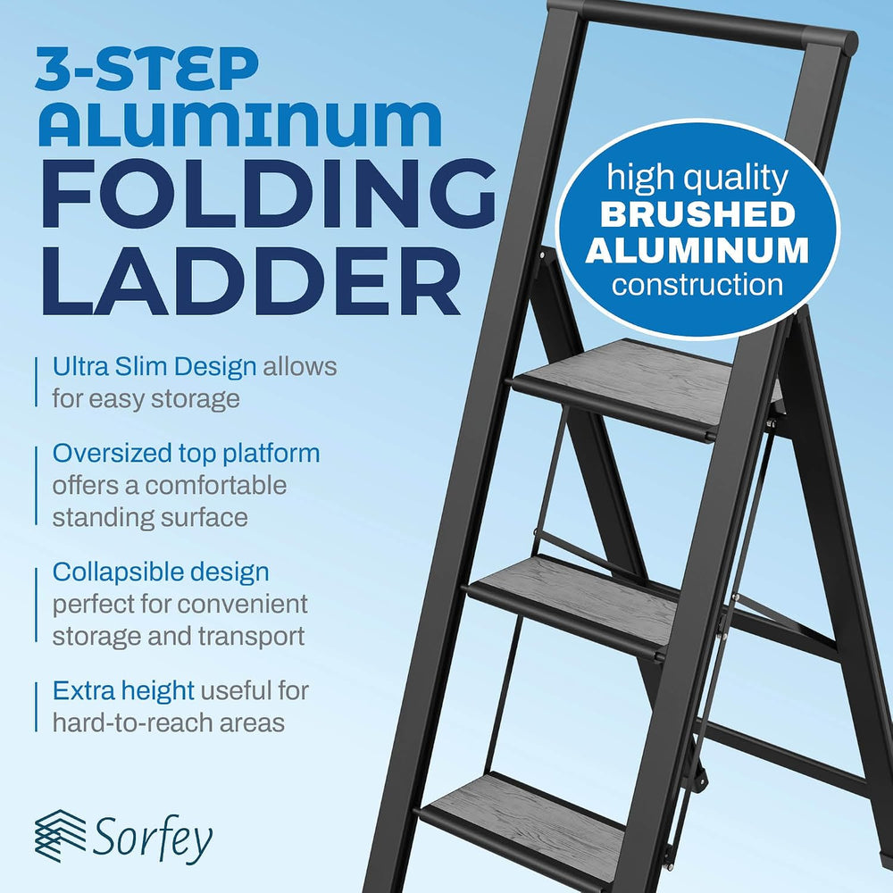 Step Ladder 3 Step Folding, Decorative - Beautiful Gray Wood & Black Alum...