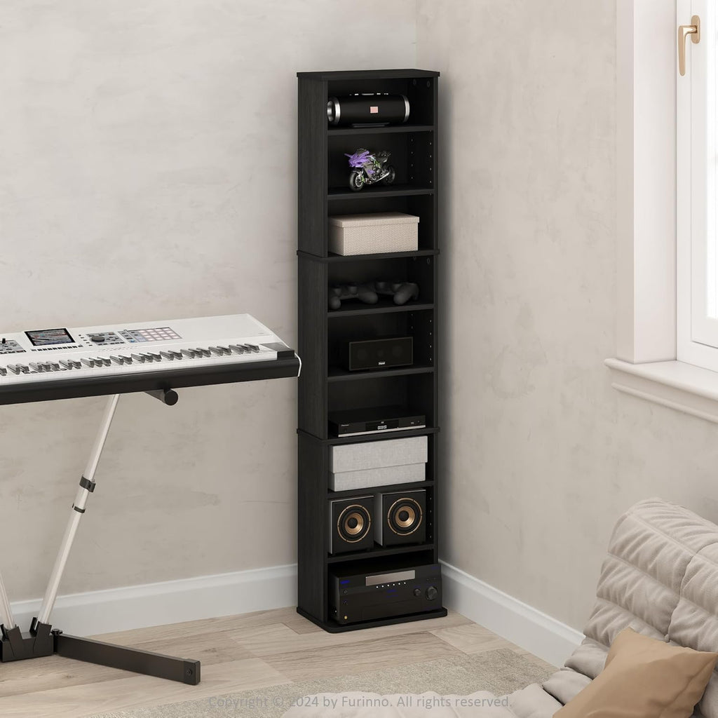 Furinno Jaya DVD Shelf, 9-Shelf Tall Narrow CD Rack, Media Shelf with Adjustable Shelves, DVD Storage Cabinets for CD Blueray Game Disc, Easy Assembly, for Living Room, Home Office, Americano