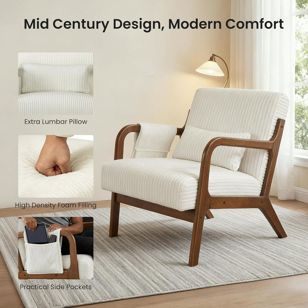 DUMOS Accent Chairs Set of 2, Mid Century Modern Accent Chair with Lumbar Pillow and Solid Wood Frame, Upholstered Armchair Reading Chair for Living Room, Bedroom, Beige