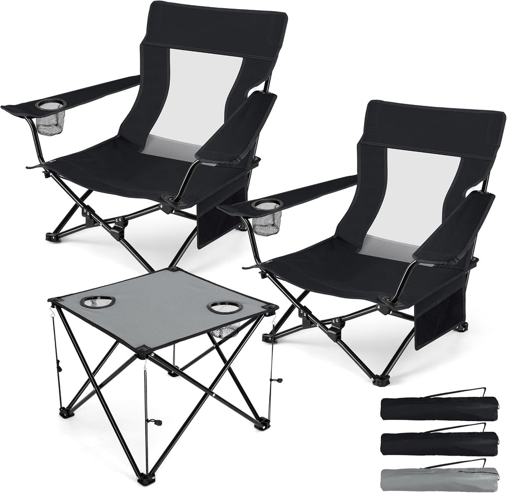 HaSteeL Low Beach Chairs, 3Pcs Folding Camping Chairs with Table - Black