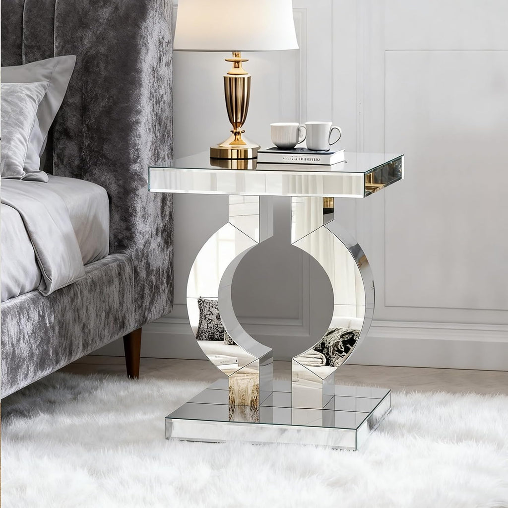 Mirrored End Table, Silver Side Accent Table, Small Mirrored Coffee Table for Living Room, Bedroom, 16"x12"x23"
