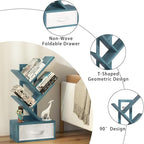 Small Book Shelf with Drawer,4 Tier Black Tree Bookshelf,Blue Desktop Bookcase,Modern Desk Display Storage Bookshelves,Floor Standing Organizer Bookcases for Living Room,Bedroom,Office